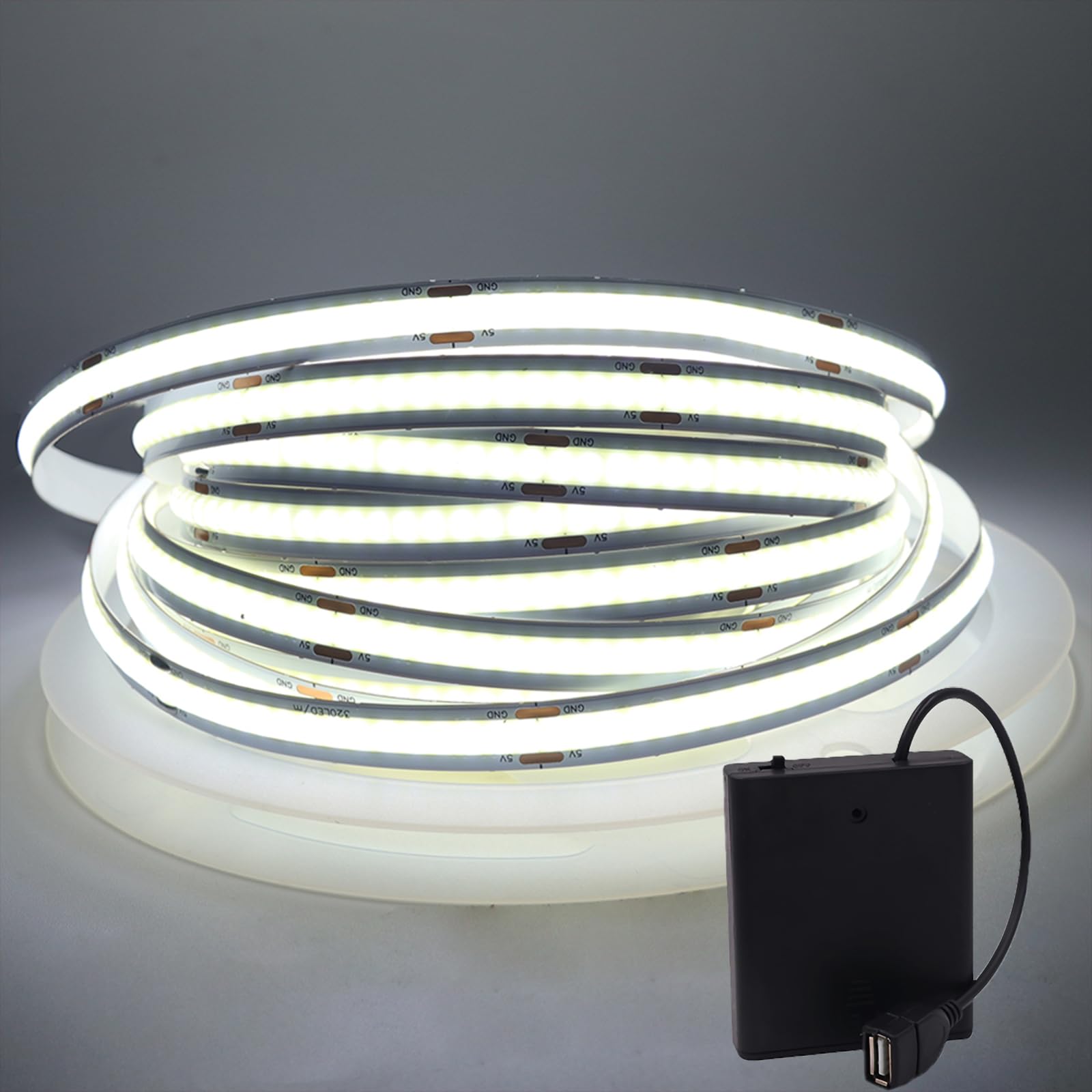 MIGUDA COB LED Strip Light, Ultra-Bright Self-Adhesive Tape, 320 LEDs/m Flexible LED Band with USB 4AA Battery Box for Christmas Decor (Batteries not Included) (3M, White)