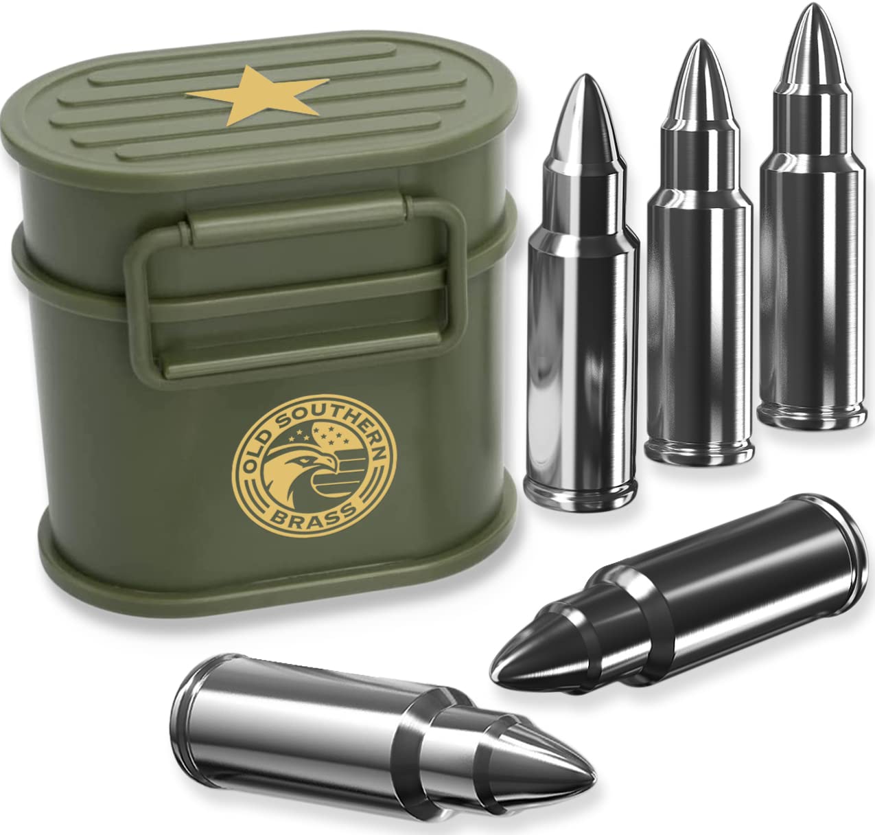 Old Southern BrassWhiskey Stones Chillers in Military Green Tactical Style Can - Set of 6 Whiskey Stones - Gift Box - Great Gift Ideas for Men - USA American Owned Company