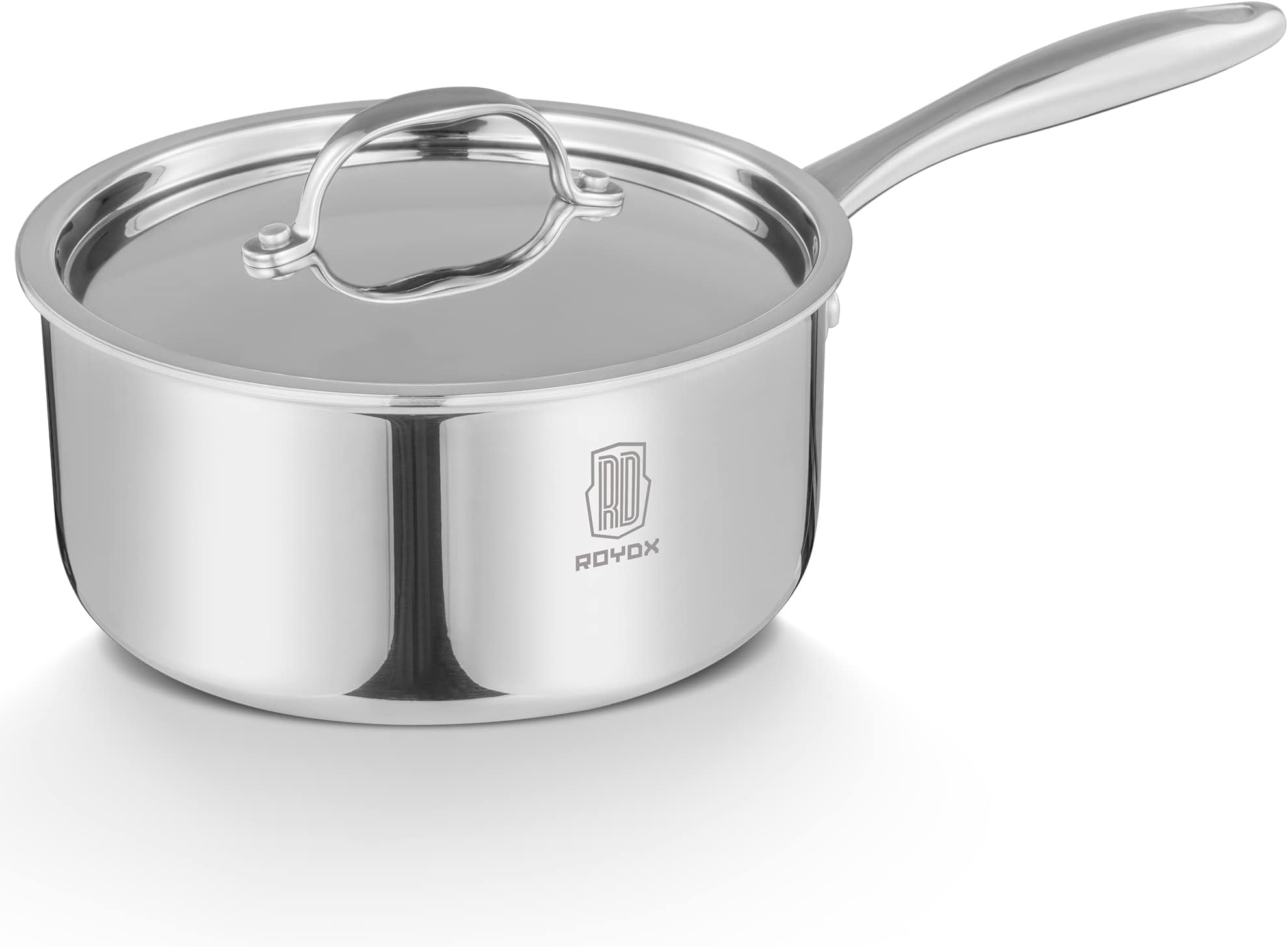 RD ROYDX Stainless Steel Sauce Pan with Lid, 3 Quart Small SaucePan with Stay Cool Handles, Kitchen Cooking Pans, Dishwasher Oven Safe & Compatible with All Stovetops Multipurpose for Home Restaurant