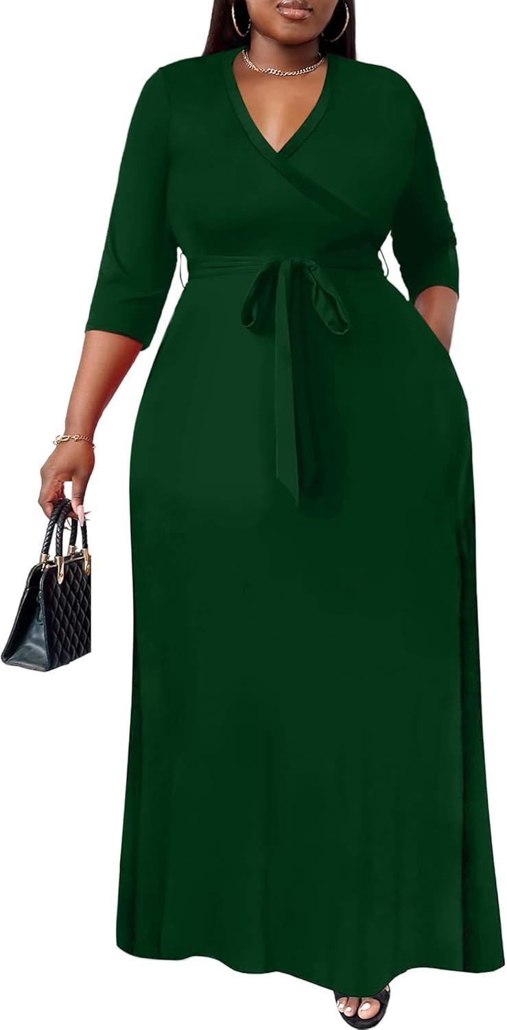 Nmoder Plus Size Maxi Dress for Women - Summer Casual 3/4 Sleeve Floral Flowy Long Dress with Belt XL- 6XL