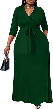 Nmoder Plus Size Maxi Dress for Women - Summer Casual 3/4 Sleeve Floral Flowy Long Dress with Belt XL- 6XL