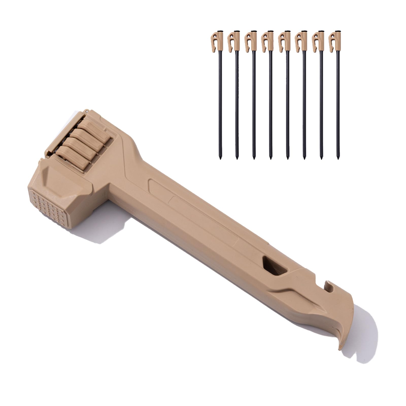 Camping Hammer with 8 Pegs,Tent Stake Hammer with 8 Tent Stakes,Lightweight Camping Mallet with Nail Puller & Bottle Opener, Heavy Duty Tent Peg Hammer for Outdoor Hiking Camping Backpacking (Brown)