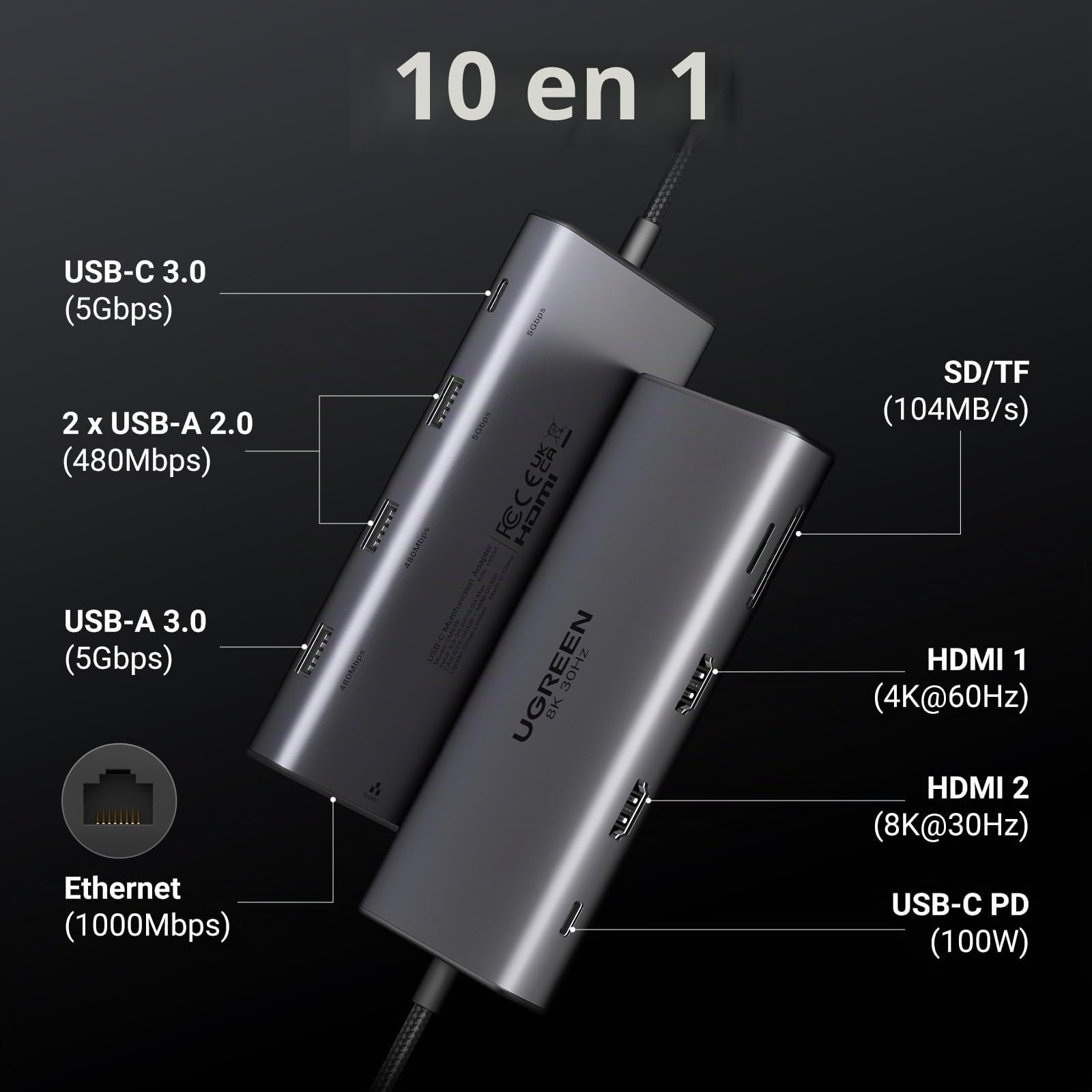 UGREEN Revodok Pro 210 Docking Station USB C 10 En 1 Doble HDMI 8K30Hz 4K60Hz Hub Adaptador Tipo C a Ethernet RJ45 Gigabit PD 100W Lector Tarjeta SD TF Compatible con MacBook Pro Air M4 M3 M2 M1