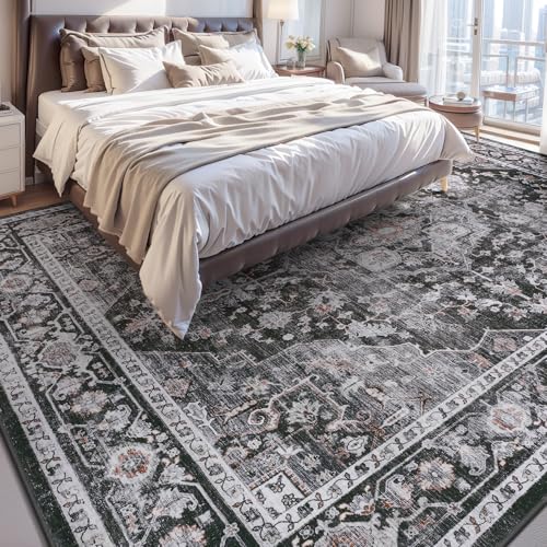 AMOAMI-Area Rug 5X7 Rugs for Living Room-Vintage Soft Black Rugs for Bedroom-Non Slip Carpet-Machine Washable Rug for Dining Room Living Room Bedroom Office Under Table Dark Grey & Black