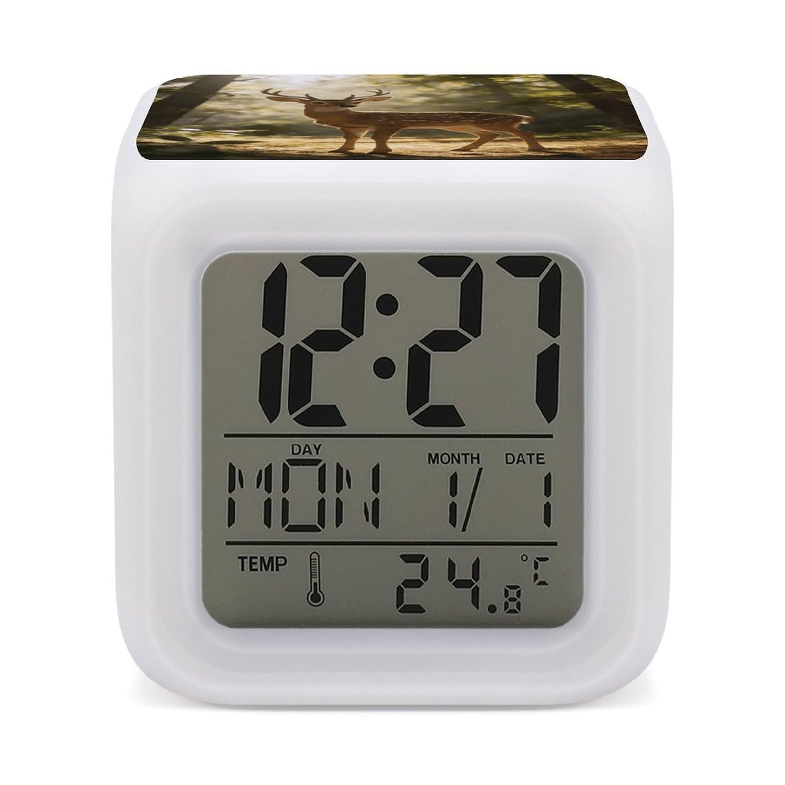 LZQPOEAS Deer Encounter The Dawn Light Alarm Clock with 7 Color Changing Nightlight for Bedroom Calendar Temperature Display Wake Up Digital Clock Small Desk Clocks for Heavy Sleepers Adults