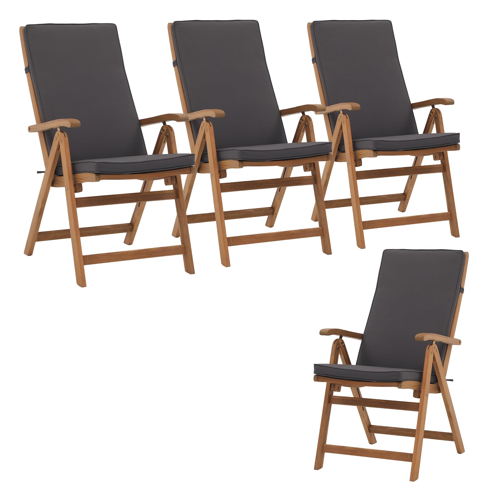 OC Orange-Casual Folding Patio Dining Chair Set of 4, Outdoor Acacia Wooden Reclining Chair w/Armrest & Removeable Cushion, Solid Wood, for Porch,