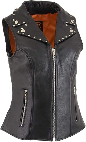 Milwaukee Leather MLL4503 Chaleco de motociclista clásico de cuero con cuello en V negro para mujer con cuello de solapa remachado - S