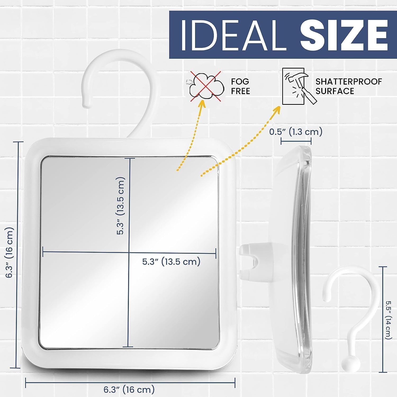 MIRRORVANA Wiszące lusterko prysznicowe bez mgły do golenia, nietłukąca się powierzchnia i regulowany hak obrotowy o 360° - 16 x 16 cm