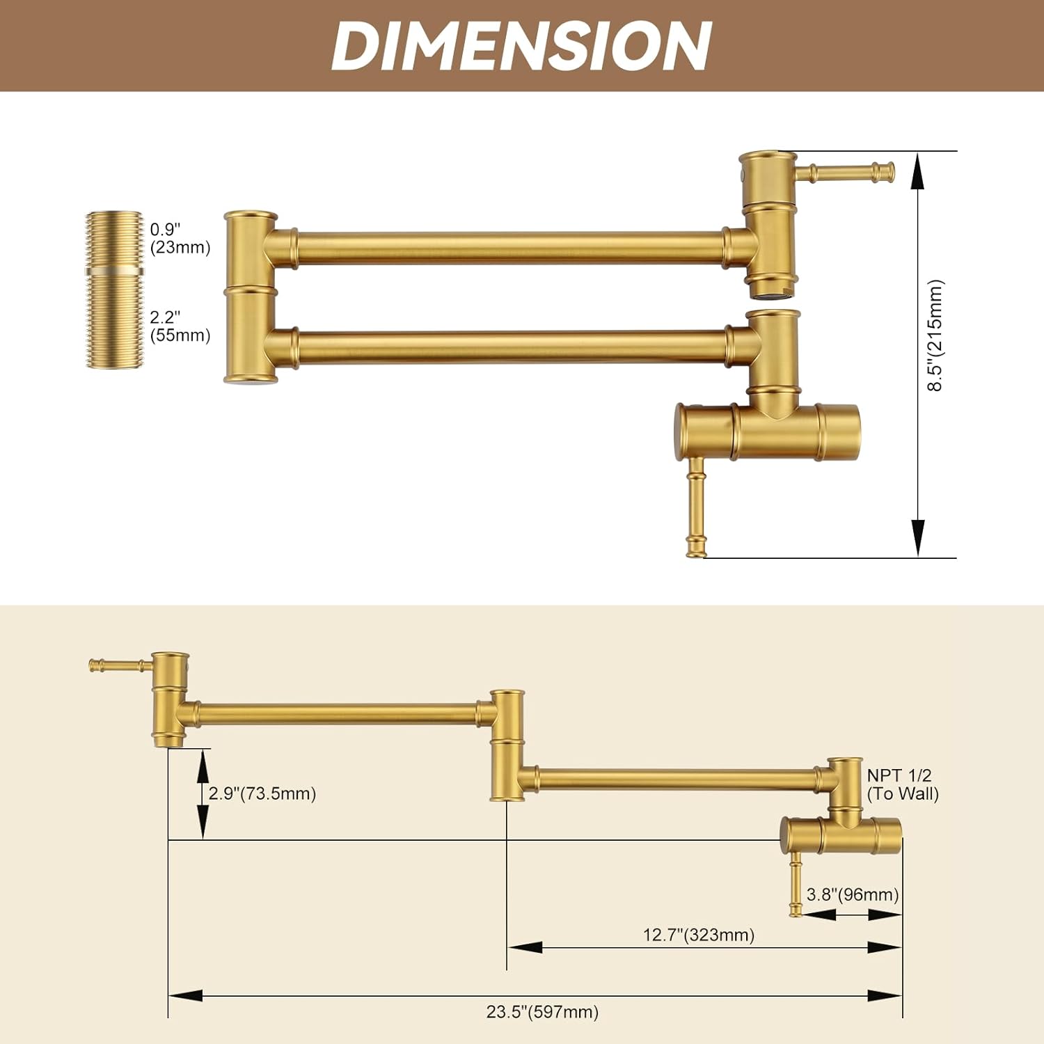 ALEASHA Brushed Gold Pot Filler Faucet, Folding Kitchen Faucet Single Hole 2 Handle Wall Mount Over Stove