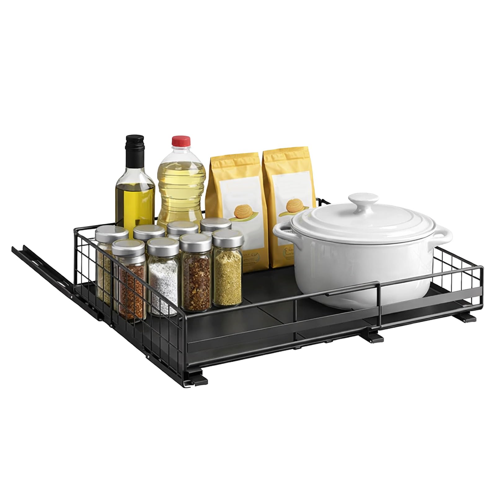 M.J COMFY-LIFE 1pcs Pull Out Cabinet Organizer, Adjustable Expandable Slide Out Drawer, Roll-Out Sliding Drawer Organiser Shelf for Kitchen & Bathroom Storage,with Adhesive Film (Black A)