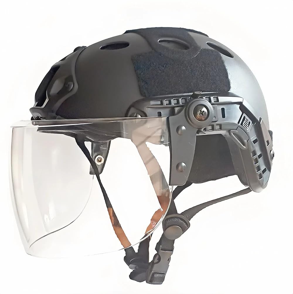 Tactical Airsoft Paintball PJ Type Fast Helmet with Face Shield Visor Goggles Side Rail & NVG Mount (Black)