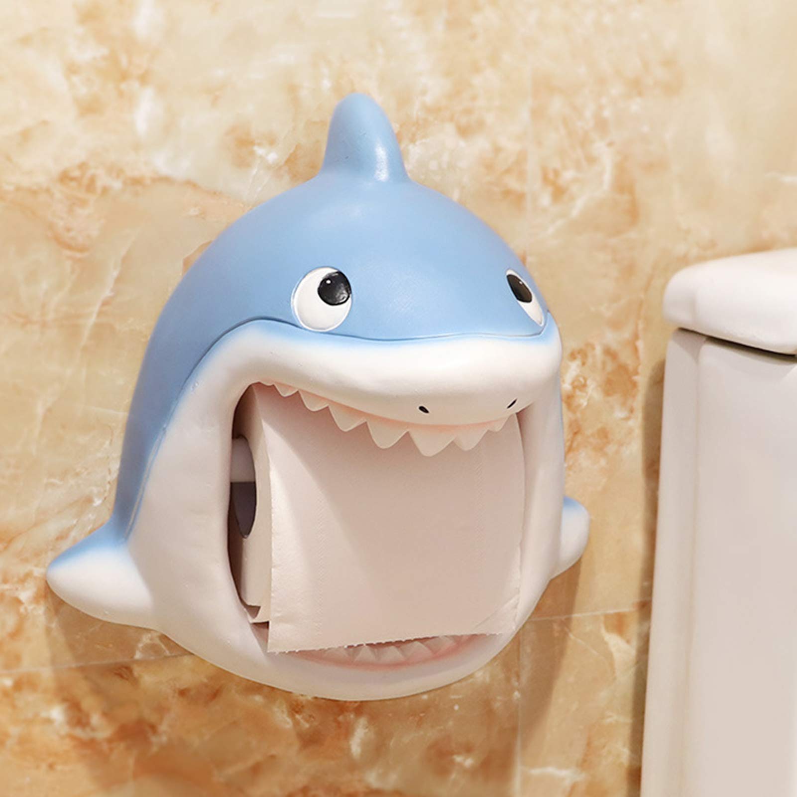 LIU- Titular del Papel Higiénico Dispensador De Papel De Rollo De Pared De Tiburón Azul De Dibujos Animados para Baño, Lavabo De Cocina, Material De Resina, Sin Perforación