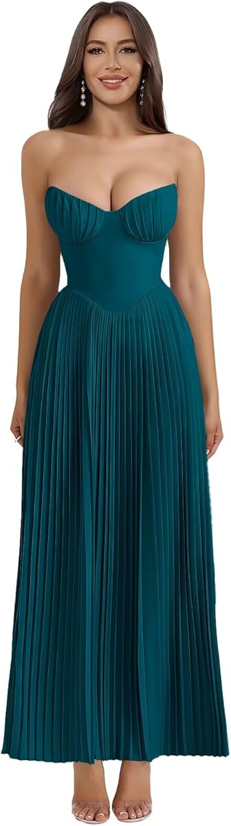 Strapless Bridesmaid Dresses for Women Long A-Line Pleated Satin Prom Formal Wedding Guest Dress