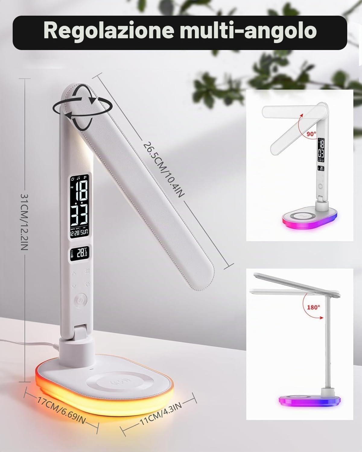 Lampada da Tavolo con Caricabatterie Wireless da 10W, Ricarica USB, 3 Colori e 5 Livelli di Luminosità, Lampada da Tavolo Touch Control con Temperatura Orologio RGB per Cameretta, Ufficio