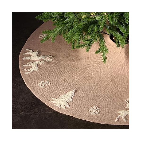 Dremisland christmas tree skirt cable knit knitted thick rustic tree skirt for xmas holiday decoration 3d elk and christmas tree 36inch90cm beige  urban country home decor