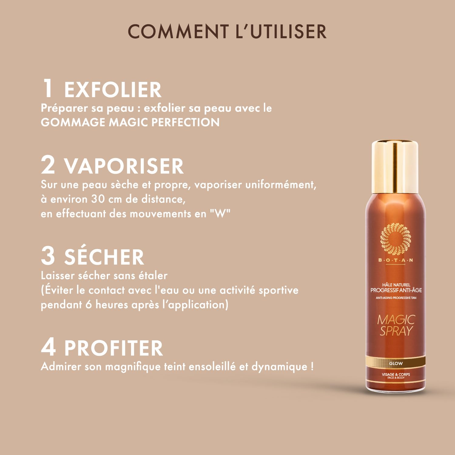 BOTAN Cosmetics Spray Bronzant Anti-âge hydratant 125 ml – Progressif évolution 24h00 –Vegan sans alcool. Brumisez à 30 cm. Séchage rapide, temps de pose pour un résultat doré homogène 5h à 6h.