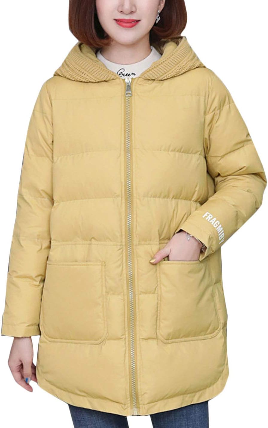 Flygo Womens Winter Casual Thicken Warm Puffer Hooded Mid-Long Cotton Down Coat Full Zip Outerwear Jackets