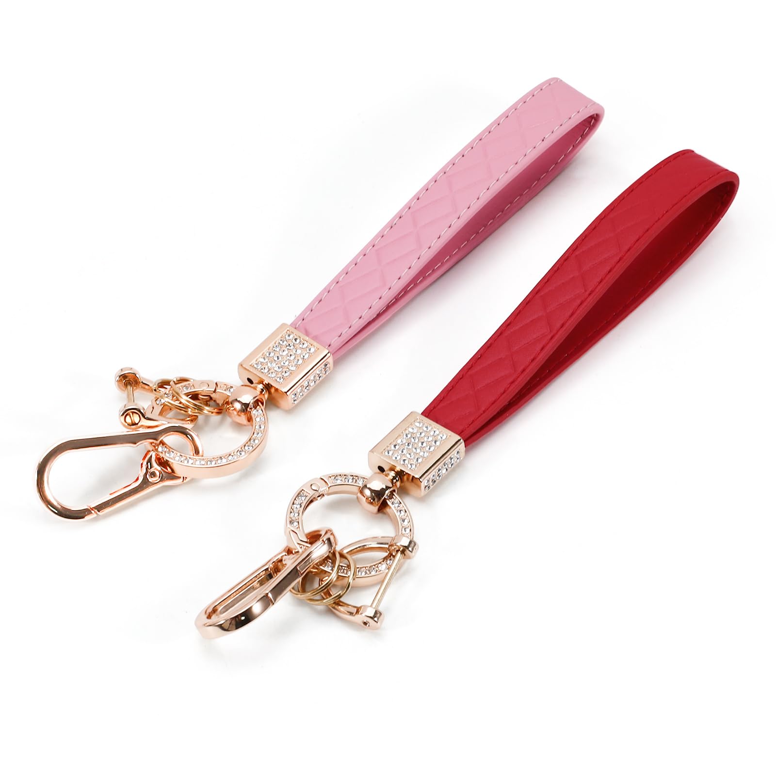 Modixun Unisex Pink + Red 2Pcs Leather Keychain Wristlet, Rhinestone Inlaid Alloy Car Key Chain, 360°Rotatable Wrist Fob Keychain Holder With 2 Key Ring + Anti-Lost D Ring + Carabiner Clip (Pink + Red)