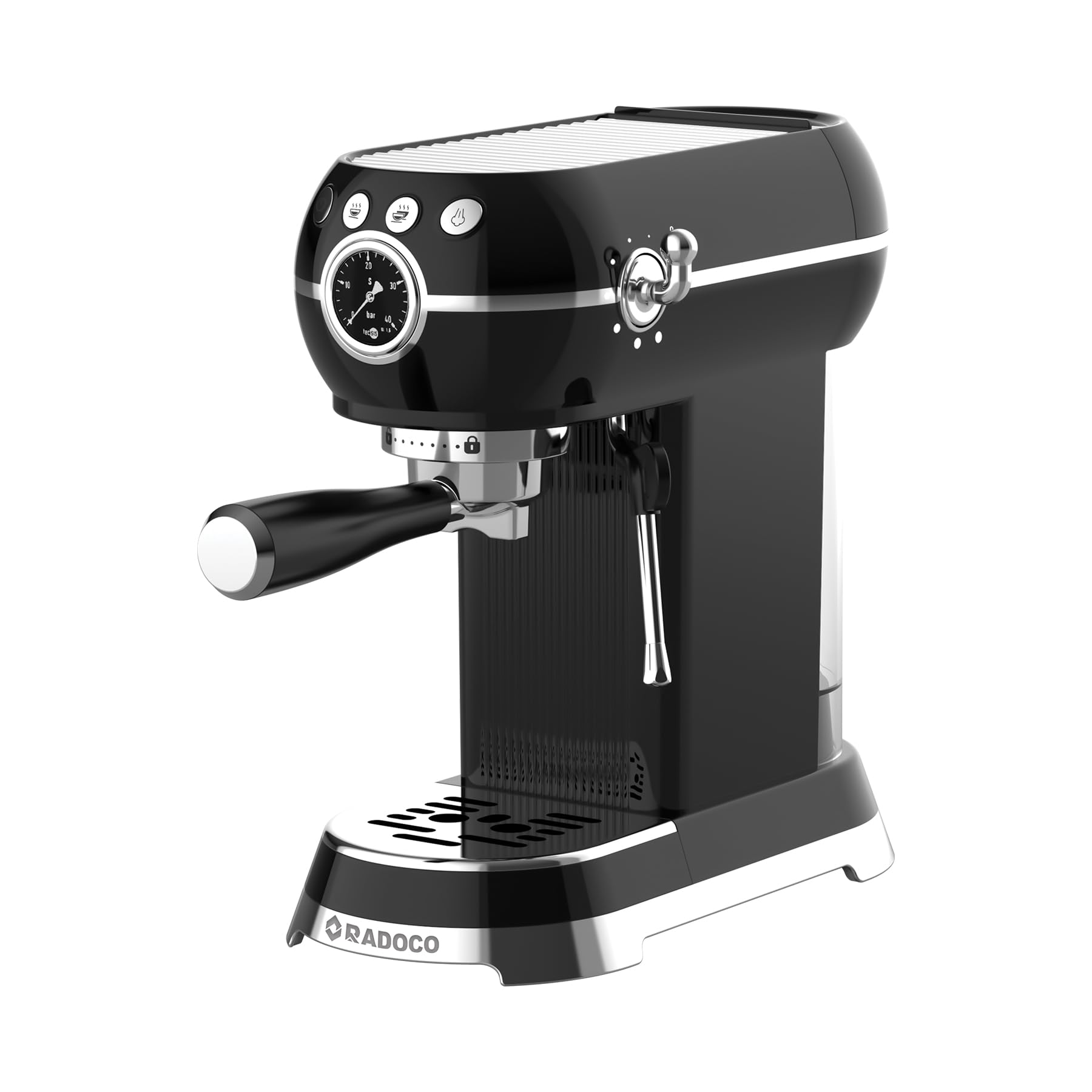 Retro Style Espresso Machine, 15-Bar Italian ULKA Pump, Stainless Steel Body, 1.5L Detachable Water Tank, Adjustable Steam Wand, Pre-Infusion Function, RD-LE6400, 2Y Guarantee (Glossy Black)