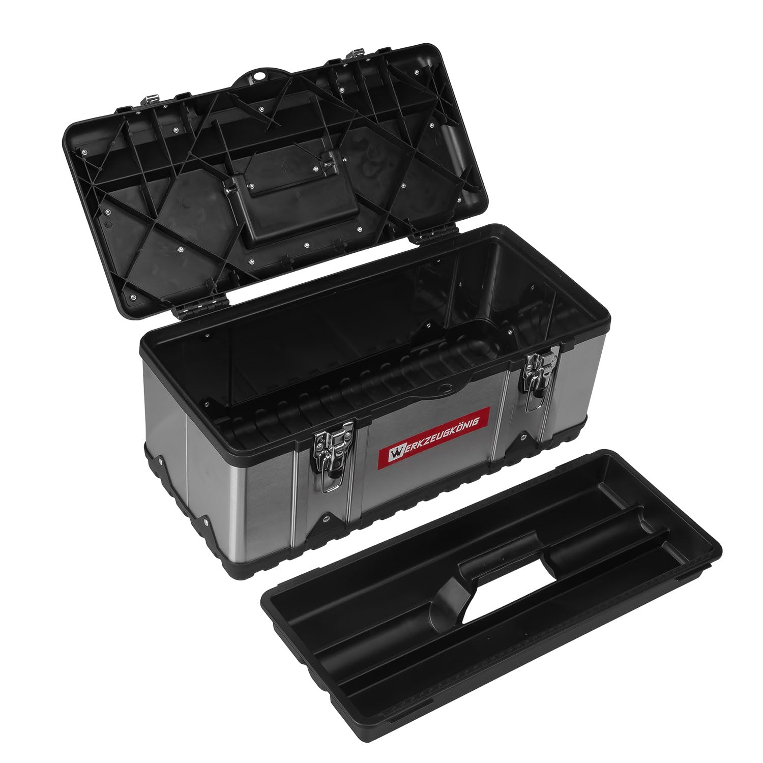 Werkzeugkoffer leer Edelstahl 47 x 24 x 21 cm Werkzeugkasten mit herausnehmbarer Ablage, Werkzeugkiste mit Organizer für Werkzeuge, robuster Koffer mit Metallschließen, inkl. Griff
