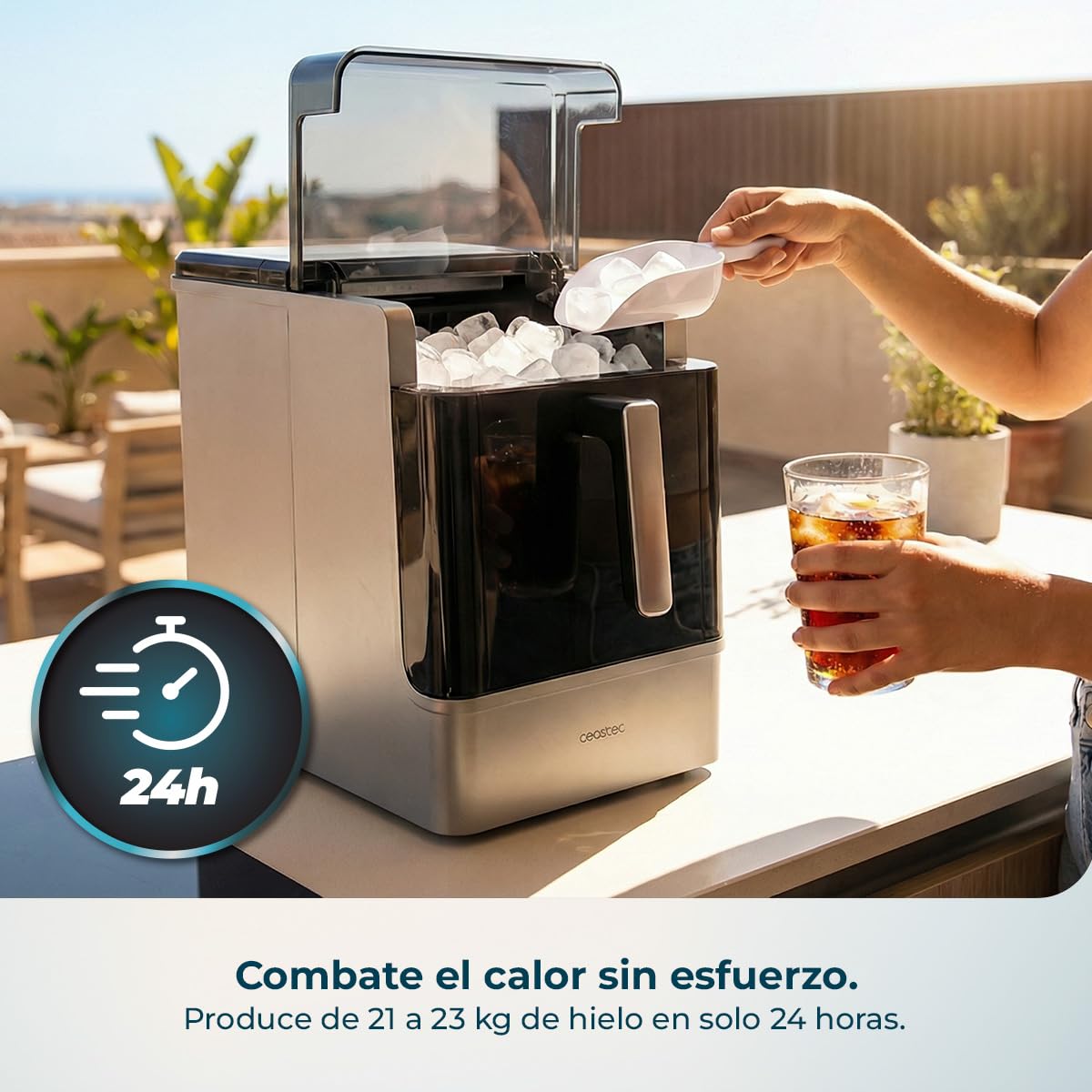 Cecotec Máquina de Hacer Hielo Chillin' Ice 2300. 23kg/24h, Depósito Hielo 1,8kg, Depósito Agua 2L, Compresor con Enfriamiento por Aire, Cubitos Sólidos, Hielo Siempre Disponible