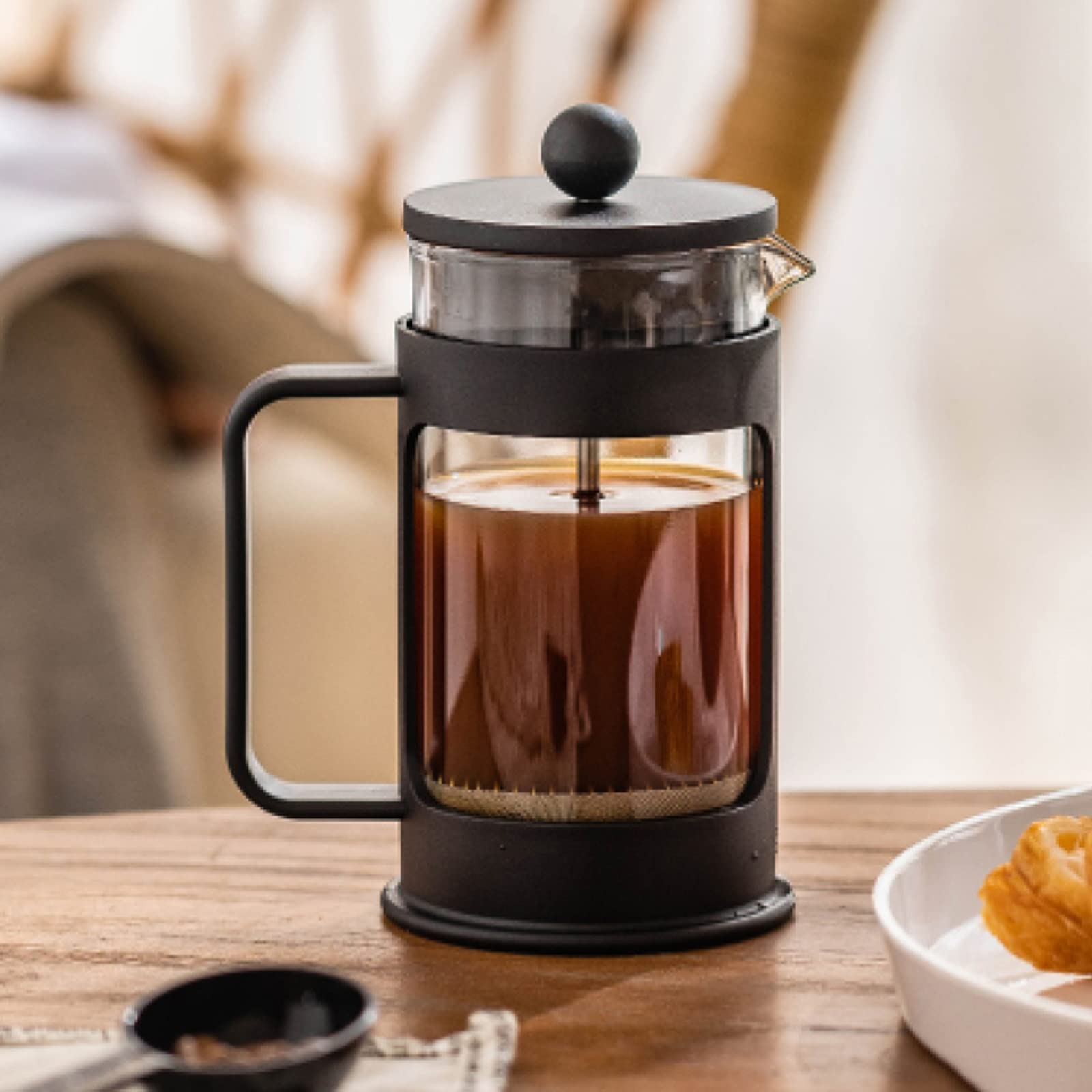 French Press ekspres do kawy z potrójnym filtrem ze stali nierdzewnej, prasa do kawy w kawiarni, żaroodporne szkło borokrzemowe, do filtra kawy, herbaty luźnej i spienionego mleka, czarny, 900 ml