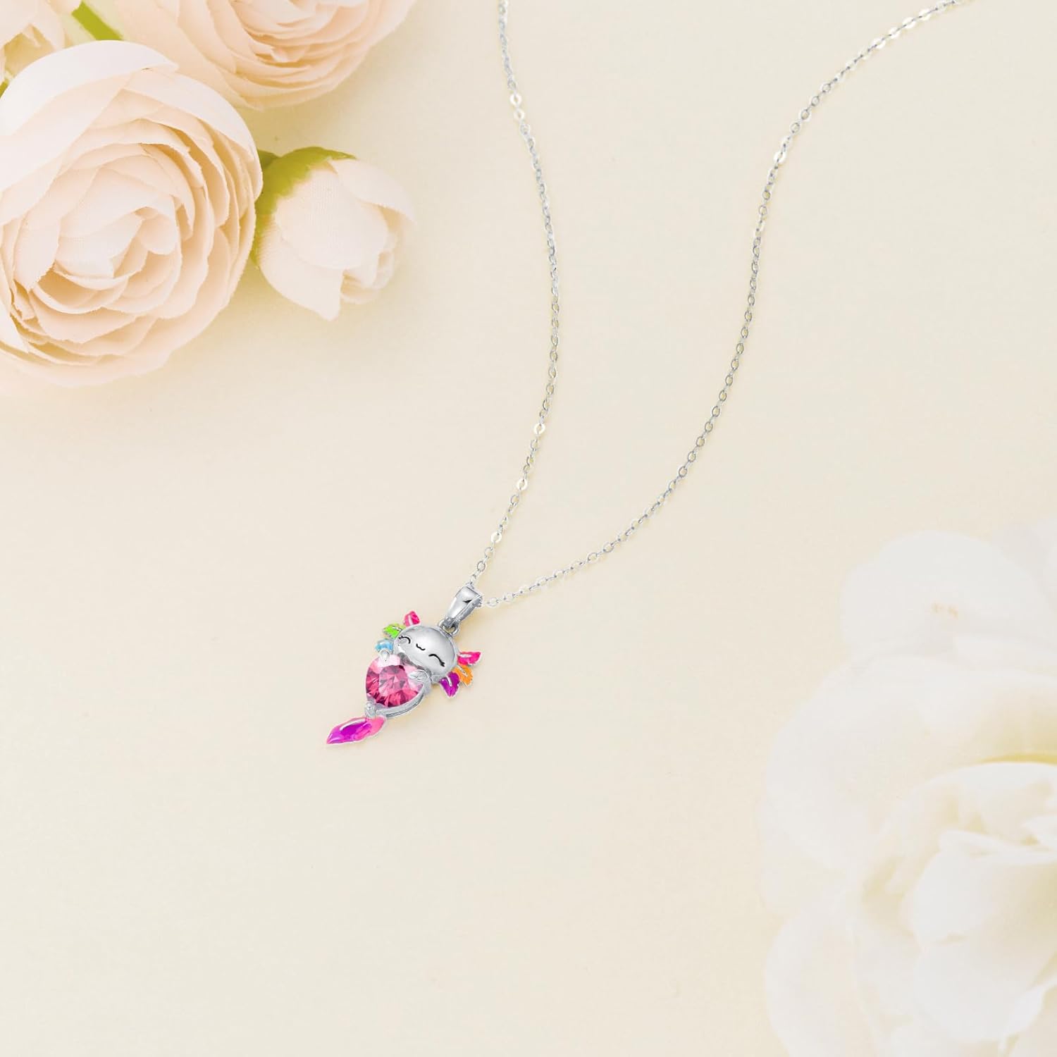 925 Sterling Silver Axolotl Necklace, Heart-Shaped Birthstone Axolotl Pendant Gemstone Necklaces Cute Animal Jewelry Gifts for Women Christmas Birthday, 18"+2" - Image 5