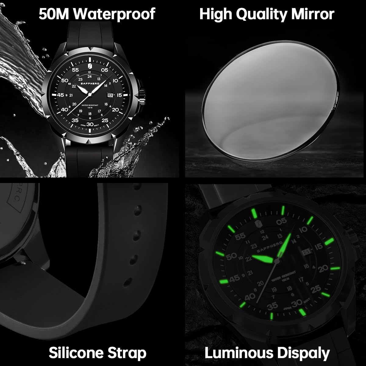 SAPPHERO Montres pour Hommes Montre de Luxe 50M étanche Montre-Bracelet pour Hommes Rendez-Vous d’Affaires Sport Temps Mode Acier Inoxydable Ruban/Bleu/Noir/Vert/Or Rose
