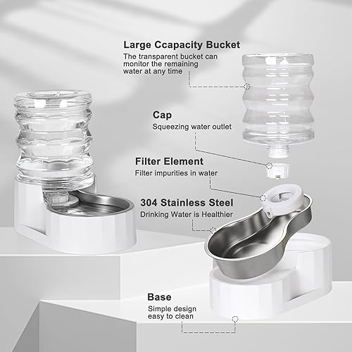 Miniatura 5 de RIZZARI Cuenco automático de agua para perros dispensador de agua para gatos de acero inoxidable por gravedad de 5 L, con dos tapas y filtros para