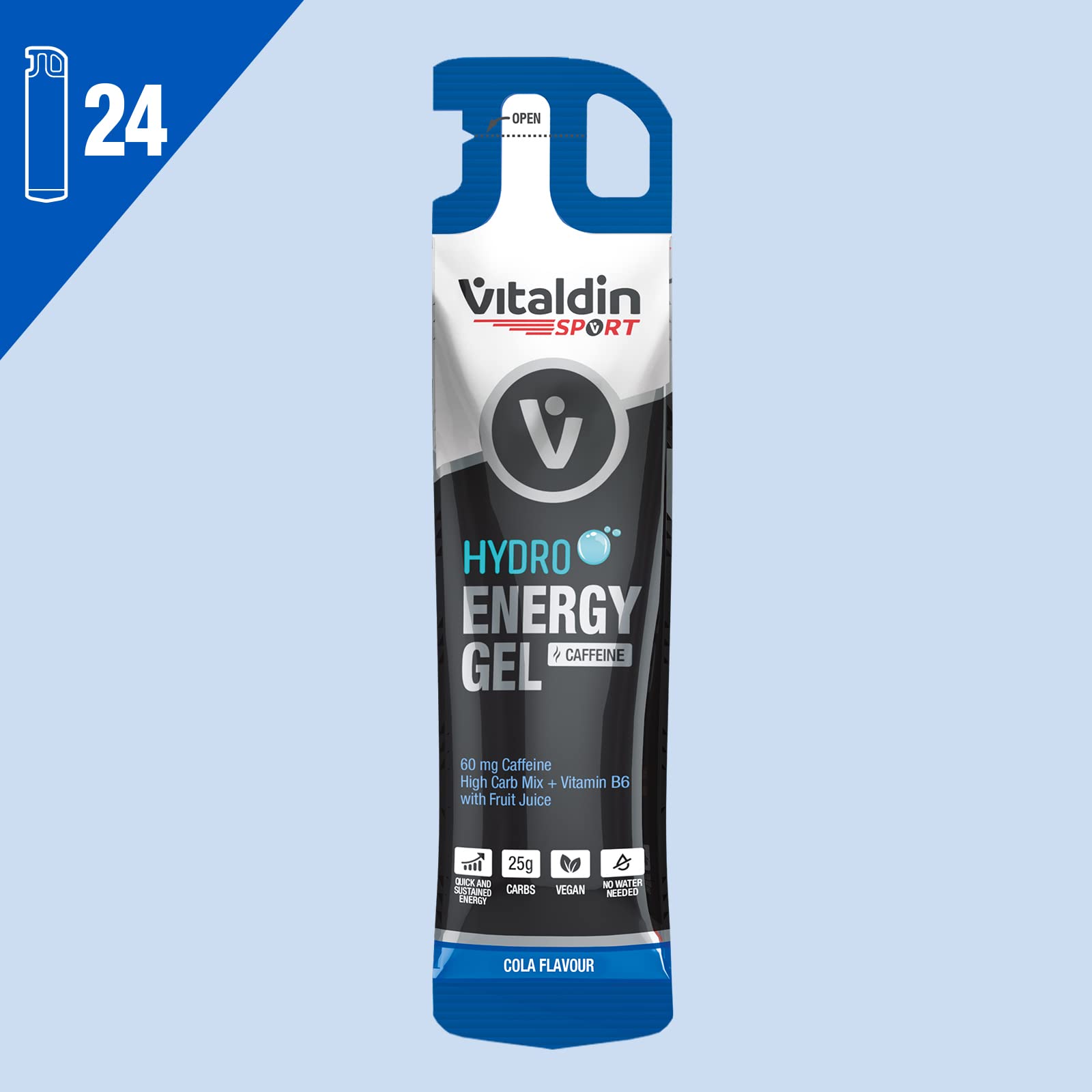 VITALDIN SPORT Hydro Energy Gel Caffeine – 24 Gel x 40 gr – Gel Énergétique Hydro goût Cola avec 60 mg de Caféine & Vitamine B6 – Énergie Immédiate et Soutenue – Running, Cyclisme & Sports d'endurance