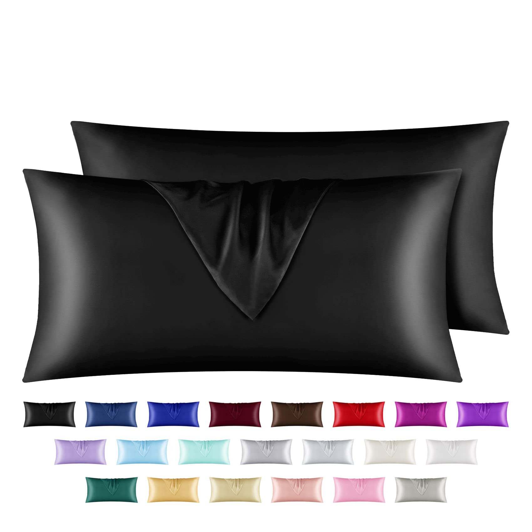 youroseSatin Pillowcase for Hair and Skin, 2 Pack King Size Silky Pillowcases with Envelop Closure, (Black, 20”X40”,2pcs)