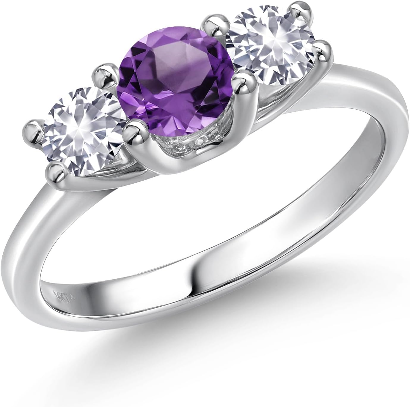 Gem Stone King 14K White Gold Purple Amethyst & White Created Sapphire 3-Stone Engagement Ring | 0.98 Cttw | Round 5MM and 4MM | 3 Stone Wedding Anniversary Promise Ring For Women