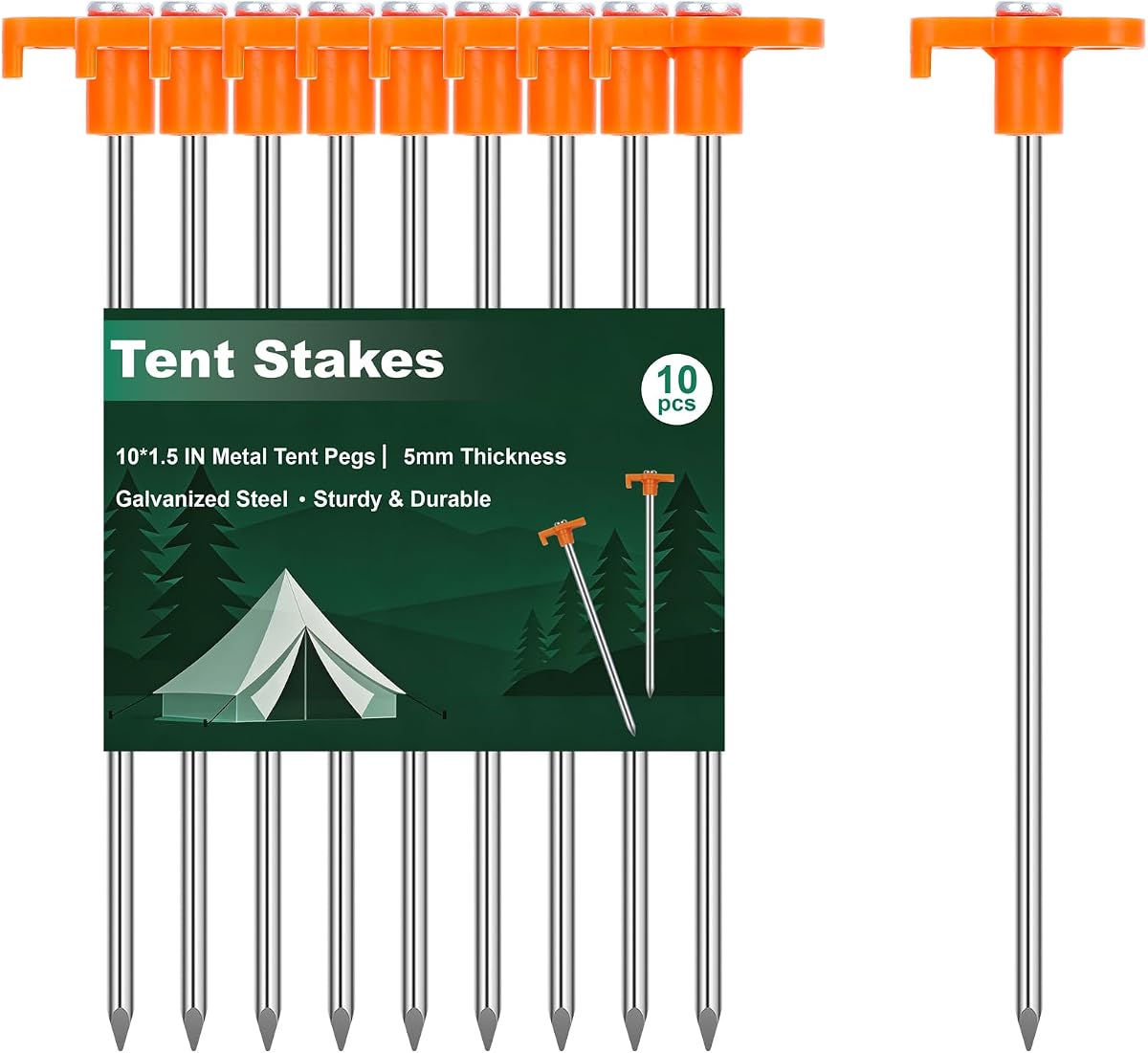 Estacas para tienda de campaña de alta resistencia, 10 pulgadas, paquete de 10 anclajes de suelo de acero galvanizado para tiendas de campaña, toldos, lonas, clavijas de metal resistentes a la oxidación con cabeza naranja de alta visibilidad