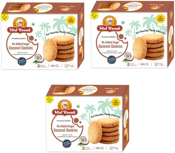 MidBreak Sugar-Free Coconut Biscuits - High Fiber Gut-Friendly Low Glycemic Index Cookies Tasty Healthy Snacks Pack of 3