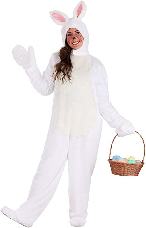 Adult White Bunny Rabbit Costume for Women and Men, Open Face Hooded Jumpsuit with Ears, Mitts, Shoe Covers