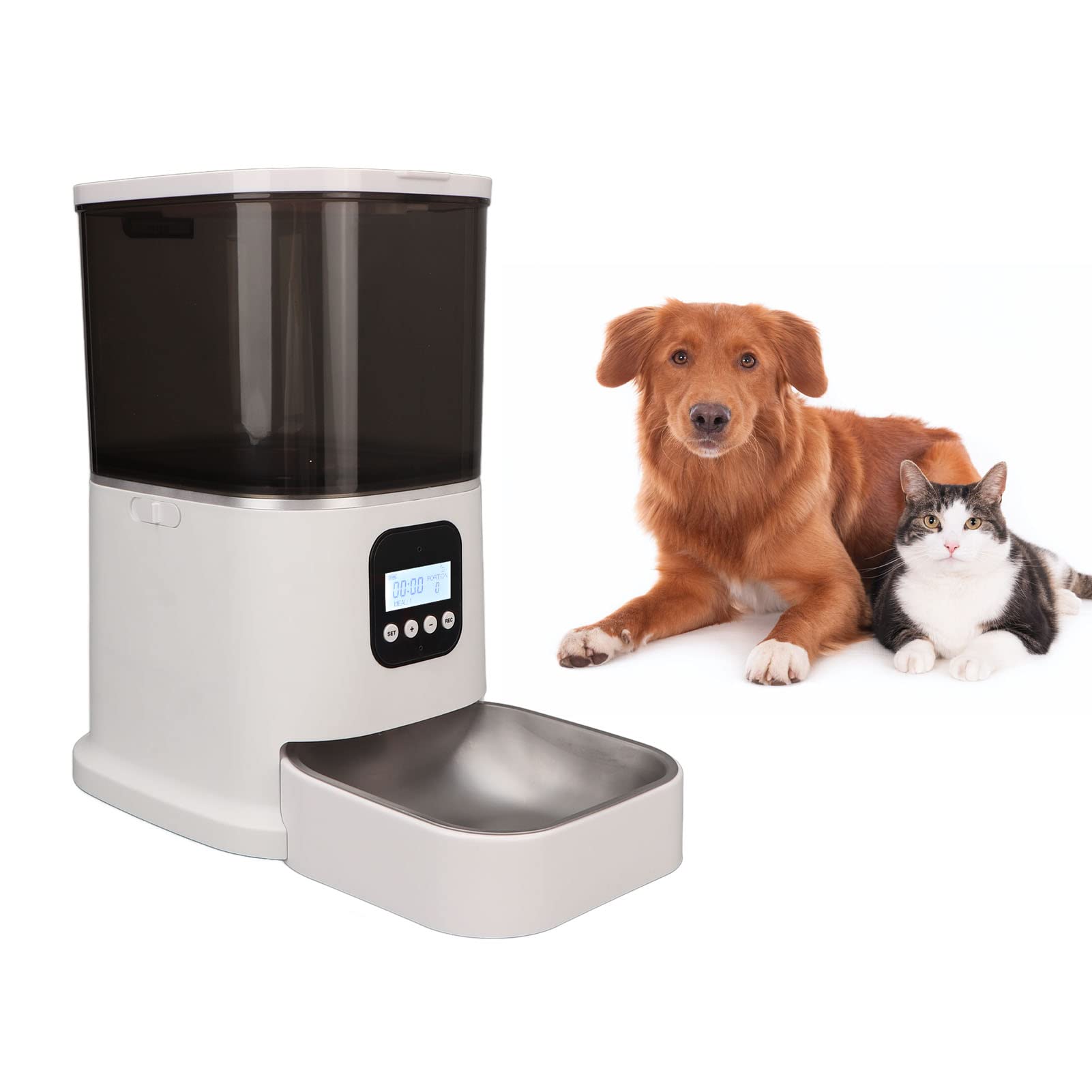 Comedero Automático para Gatos, Comedero Automático para Perros de 6 Litros con Cuenco de Acero Inoxidable, Dispensador de Comida para Gatos Temporizado, Comederos Automáticos Inteligentes(Blanco)