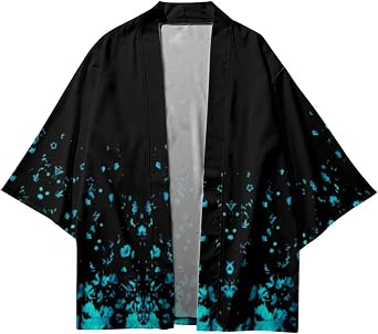 Men Kimono Jacket Japanese Floral Printed Yukata Open Front Coat Bathrobe Loose Cardigan