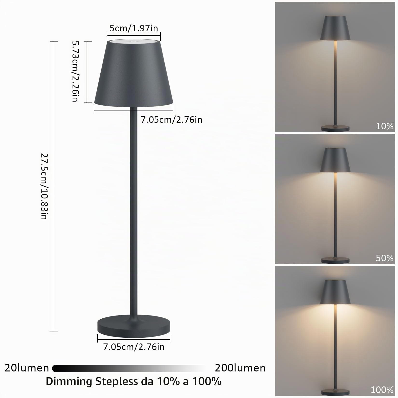 K-Bright 2 pezzi mini Lampada LED Dimmerabile da tavolo, H27.5cm，Ricaricabile Colore luce calda, piccolo Lampada da tavolo con base di ricarica a contatto (Antracite)