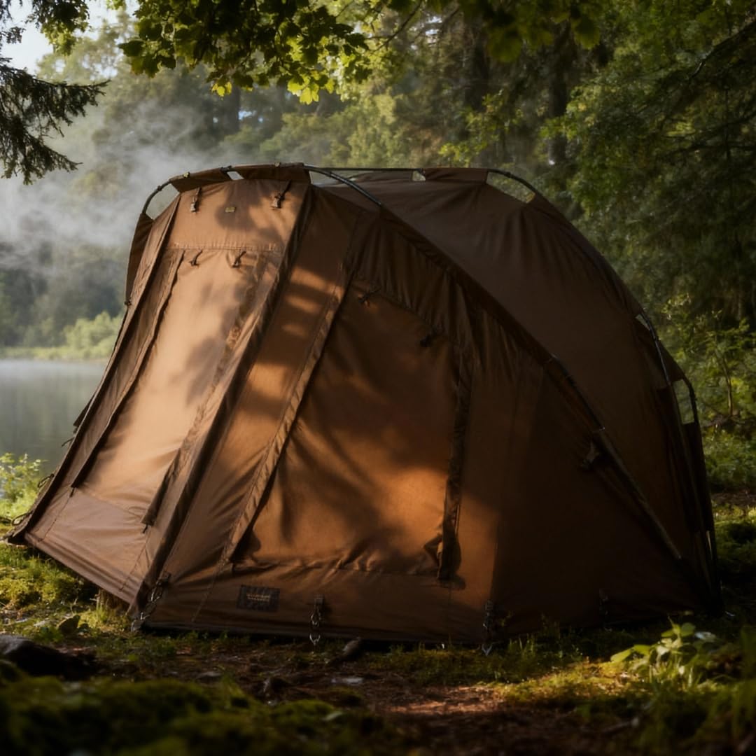 MK-Angelsport 5 Seasons 3,5 Mann Angelzelt Bivvy – Wasserdicht 10.000 mm, schneller Aufbau, 1,8 m Höhe, Moskito- & Klarsichtfenster, inkl. Bodenplane & Tragetasche