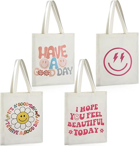 Sadnyy Paquete de 4 bolsas de lona estéticas para mujer, bolsa de compras reutilizable, bonita bolsa de hombro preparada, bolsa de regalo de Navidad