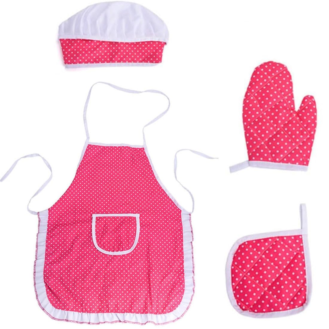 Delantal y Gorro Chef, Delantal con Bolsillos, Gorro Elástico, Guantes de Horno, Almohadillas Aislamiento, Utensilios, Cocina de Niñas, Hornear, Pintar y Juego de Rol (3-12 Años)