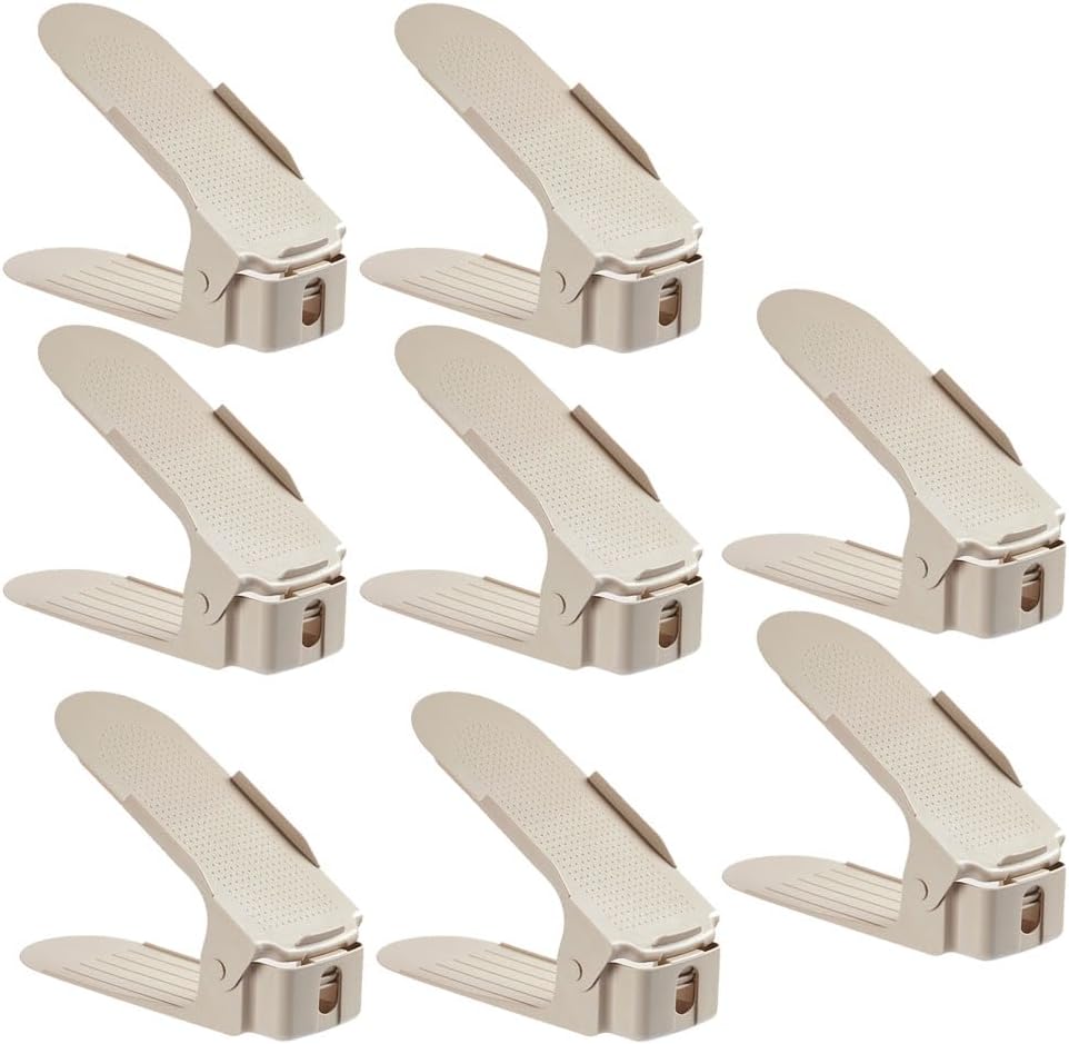 khaki Closet Shoe Slots Organizer 4-Level Adjustable Shoe Stackers For A Pair Of Shoes Double Layer Storage Space Saving Shoe Holder. (8 Pack)