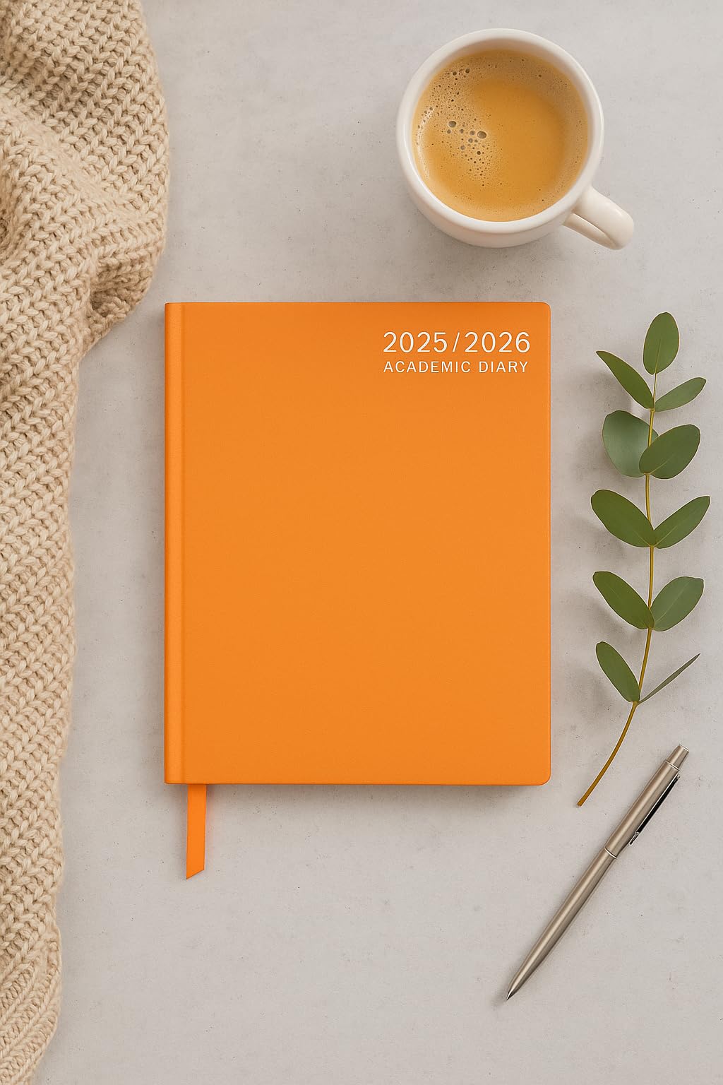2026-2027 A4 Day Per Page Academic Diary Hardback Textured Cover with Ribbon Marker Orange Student Teacher Planner - Image 2