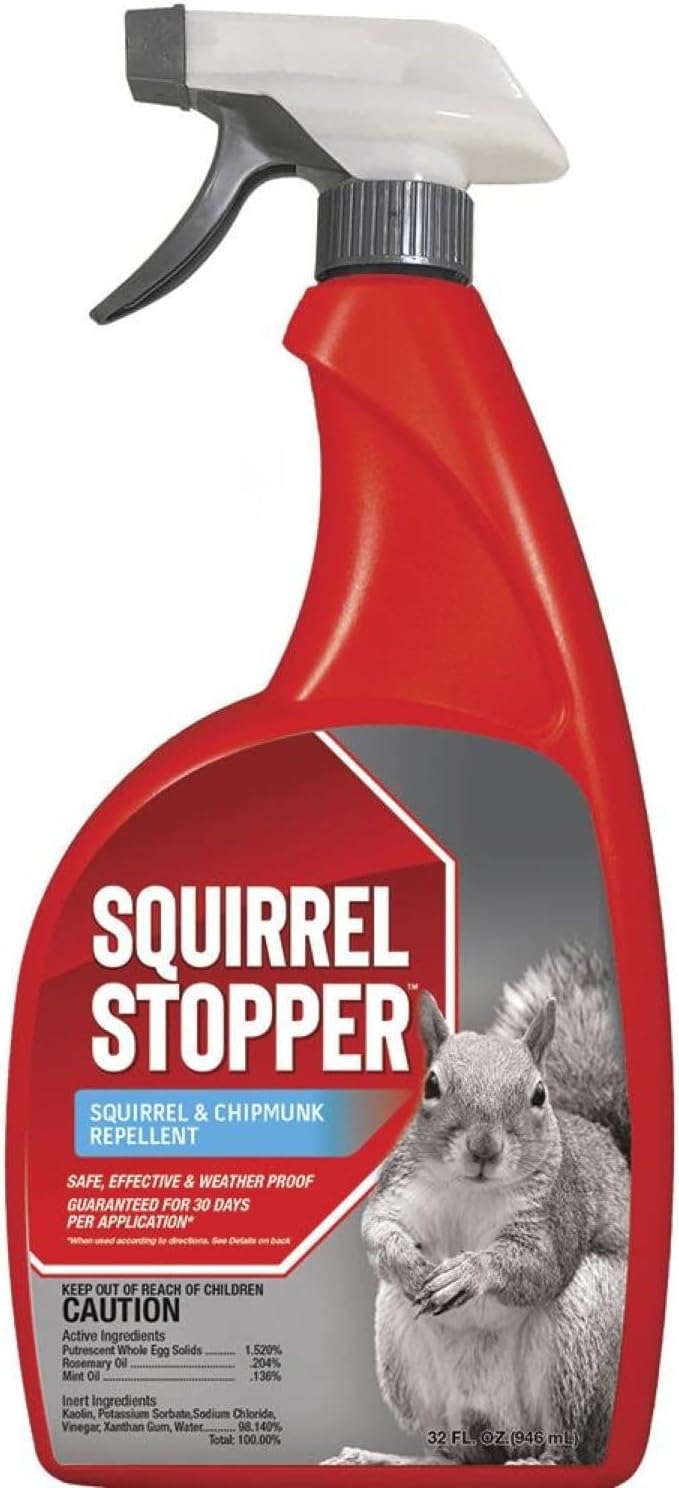 Squirrel Stopper Repellent Spray - Chipmunk & Squirrel Deterrent for Bird Feeders, Garden & Homes - Weather-Resistant Formula - Scent, Taste & Touch Barrier - Safe Around Kids & Pets - 32oz