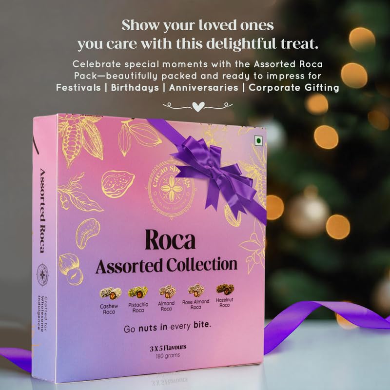 Image of Cacao Springs Assorted Roca Chocolates Combo (Almond, Cashew, Pista, Rose & Hazelnut), Premium Choco & Nut Delicacy Treats, Premium Gift Box for Christmas Gifts, 15 Pieces in Each Box, 1 Box, 180gm
