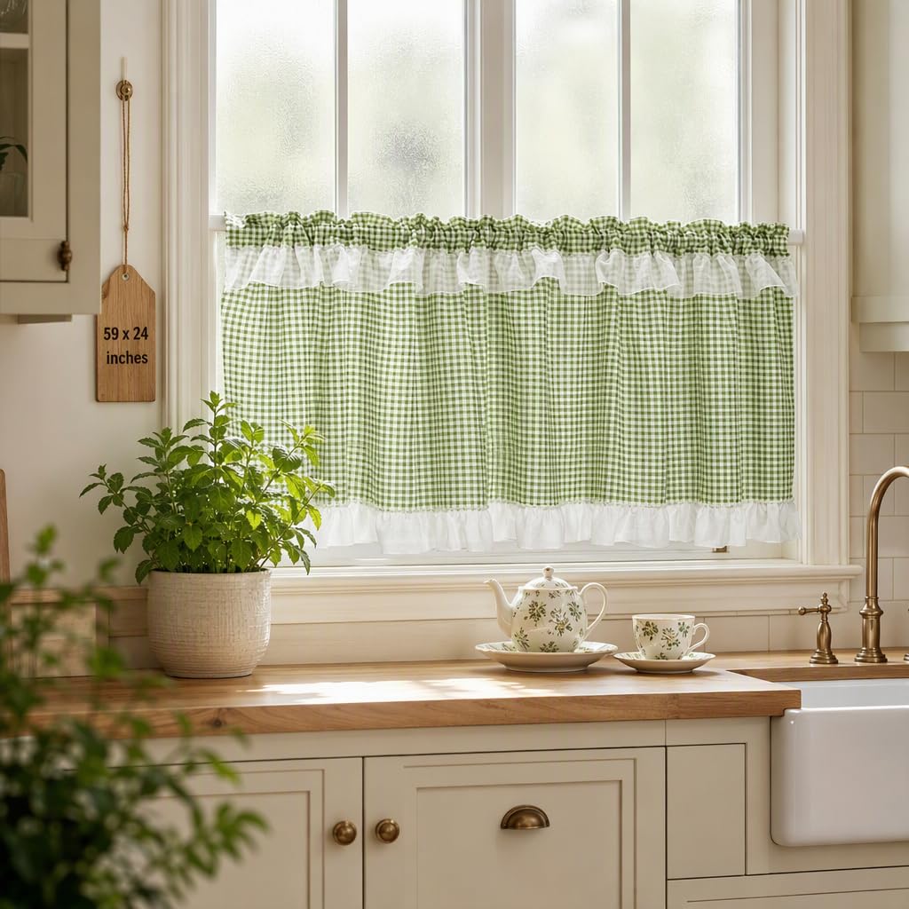 Cosiesnest Green Gingham Kitchen Tier Curtains with Lace Ruffle