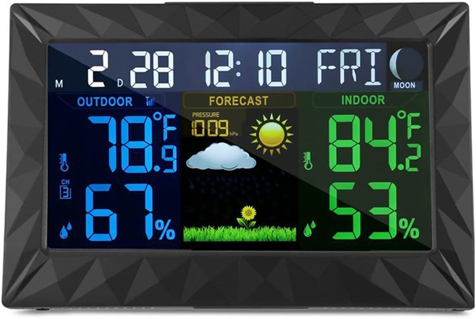 Mesuvida Wireless Weather Forecast Station, Indoor Outdoor Digital Color Weather Monitor with Home Alarm Clock, Temperature Sensor, Digital Time, Calendar, Weather Gadget, Thermometer for Tabletop Use