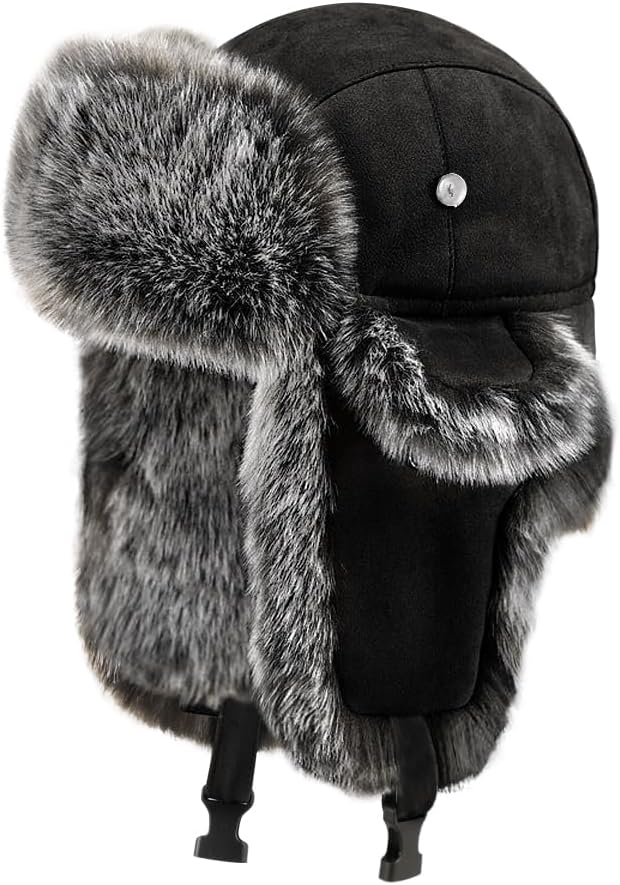 Men Trapper Hat Faux Fur Winter Earflap Russian Trooper Ushanka Hat Fluffy Warm Soft Aviator Cossack Cap for Skiing Hunting