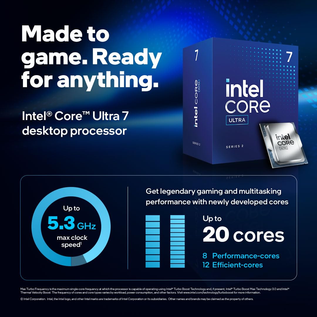 Intel® 265 Masaüstü PC için Core™ Ultra 7 işlemci, 5.3 GHz'e kadar