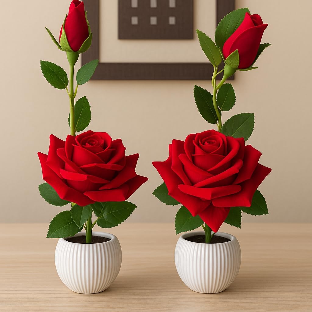 Set of 2 Artificial Red Rose Flower Plants with White Plastic Pots, 28 cm, Realistic Velvet Texture, Faux Floral Table Top Decoration for Home & Office-image-43